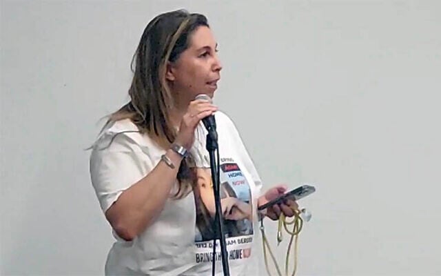 Meirav Berger, mother of hostage Agam Berger, marking her daughter's 20th birthday in captivity on August 23, 2024 at Tel Aviv's Anu Museum (Courtesy Anu)